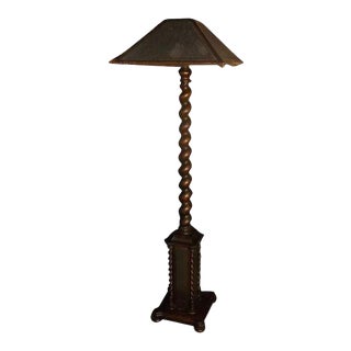 Oak Barley Twist Floor Lamp With Original Caned Shade For Sale