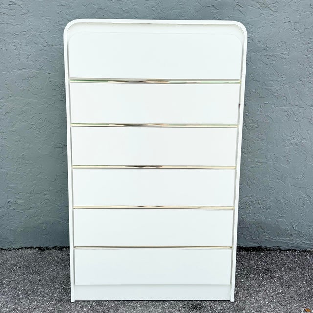 Postmodern White Gloss Laminate Waterfall Highboy Dresser For Sale - Image 10 of 11
