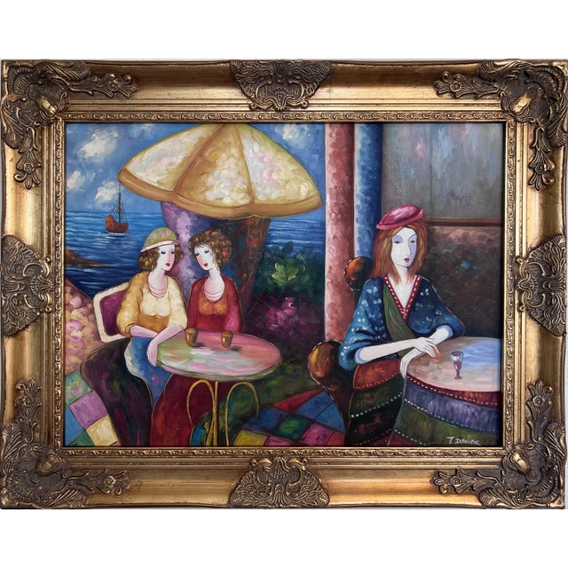 Seaside Café Scene – Figurative Impressionist Oil on Canvas Signed, Ornate Frame For Sale