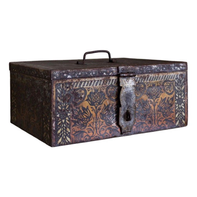 Rustic Metal Strongbox or Money Box With Slavic Floral Folk Art and Cyrillic Text For Sale