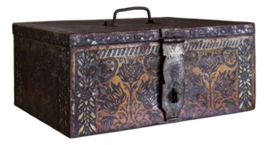 Rustic Metal Strongbox or Money Box With Slavic Floral Folk Art and Cyrillic Text