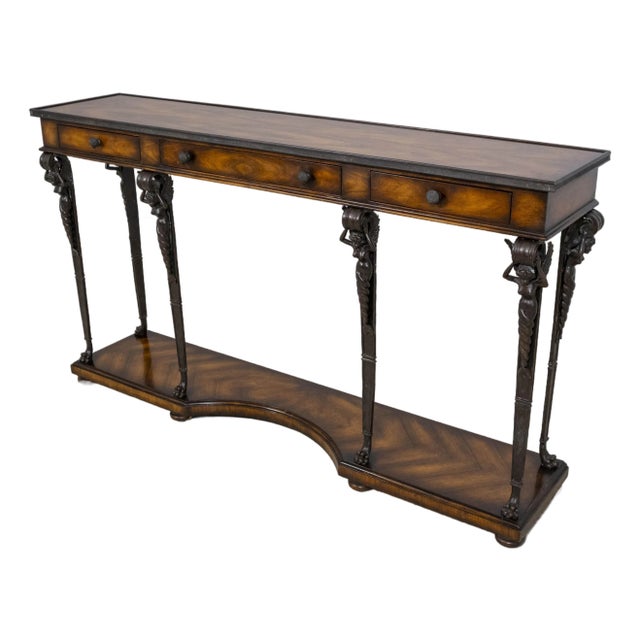 Theodore Alexander Mahogany & Figural Bronze 3 Drawer Console Table For Sale