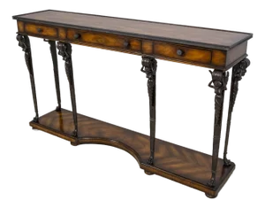 Theodore Alexander Mahogany & Figural Bronze 3 Drawer Console Table