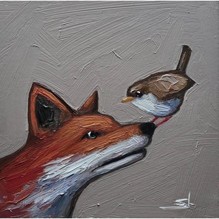 Red Fox and Wren Bird Oil Painting by Vivek Mandalia For Sale