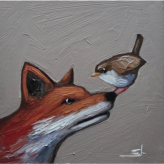 Red Fox and Wren Bird Oil Painting by Vivek Mandalia For Sale