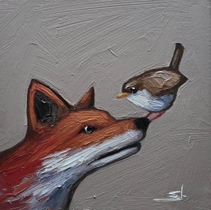Red Fox and Wren Bird Oil Painting by Vivek Mandalia