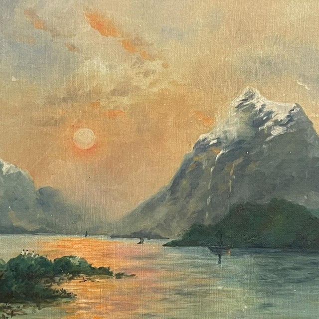 Vintage Framed Mountain Landscape Painting, Snow-Capped Peaks at Sunset, Mid-Century Scenic Wall Art. For Sale In Seattle - Image 6 of 9