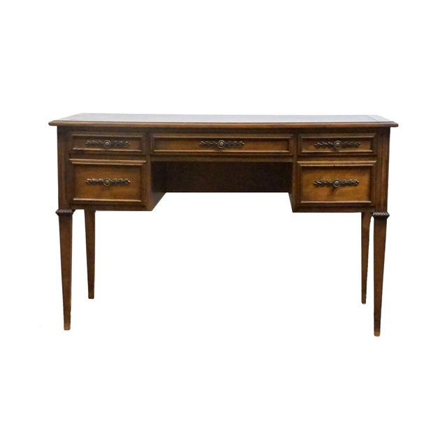 Italian Sligh Furniture Solid Walnut Italian Provincial 46" Writing Desk W. Tooled Leather Top For Sale - Image 3 of 12