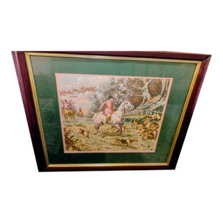 Grand Scale Vintage English Fox Hunt Still Life Tapestry in Custom Dark Wood Frame For Sale