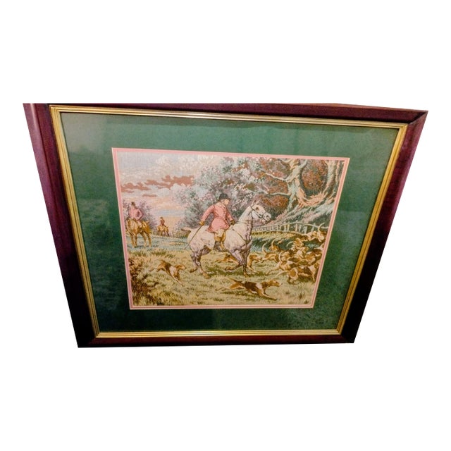 Grand Scale Vintage English Fox Hunt Still Life Tapestry in Custom Dark Wood Frame For Sale