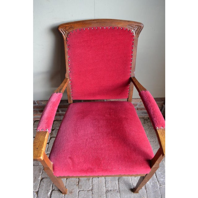 Art Deco Oak Armchair with Red Velvet For Sale - Image 3 of 8