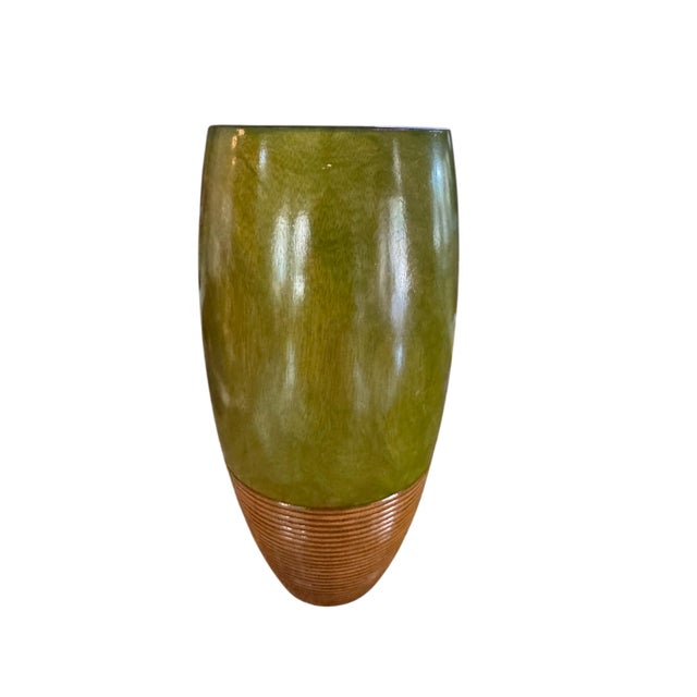 Contemporary Vintage Hand-Turned Solid Wood Olive Green Sculptural Vase With Ribbed Base – Organic Modern, 14”h For Sale - Image 3 of 7