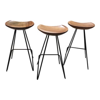 Modern Anthropologie Teak Perch Stool- Set of 3 For Sale