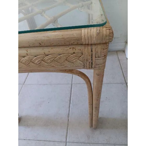 1980s Bamboo Rattan Accent Table Glass Top Beige For Sale - Image 4 of 5