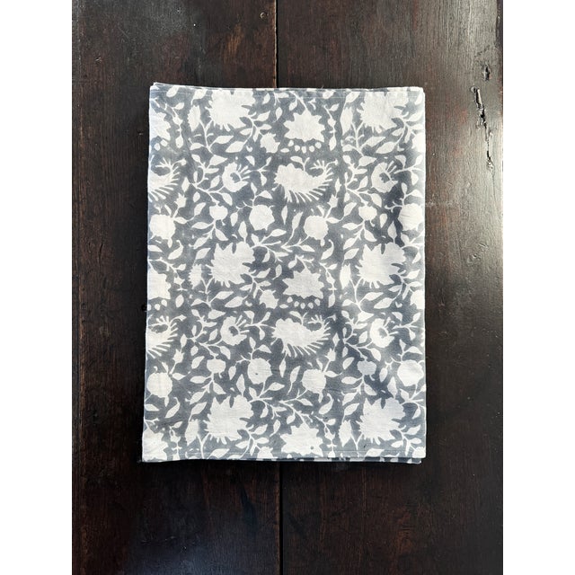 Contemporary Floral Block Printed Cotton Gray Table Runner | Lizzet Frausto For Sale - Image 3 of 4