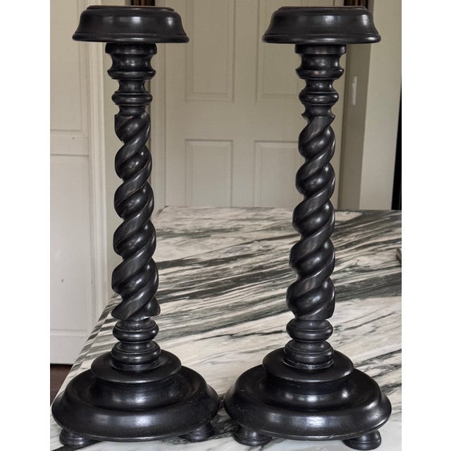 Inspired by design of the Jacobean Era, here is a pair of monumental scale vintage candle holders in barley twist form....