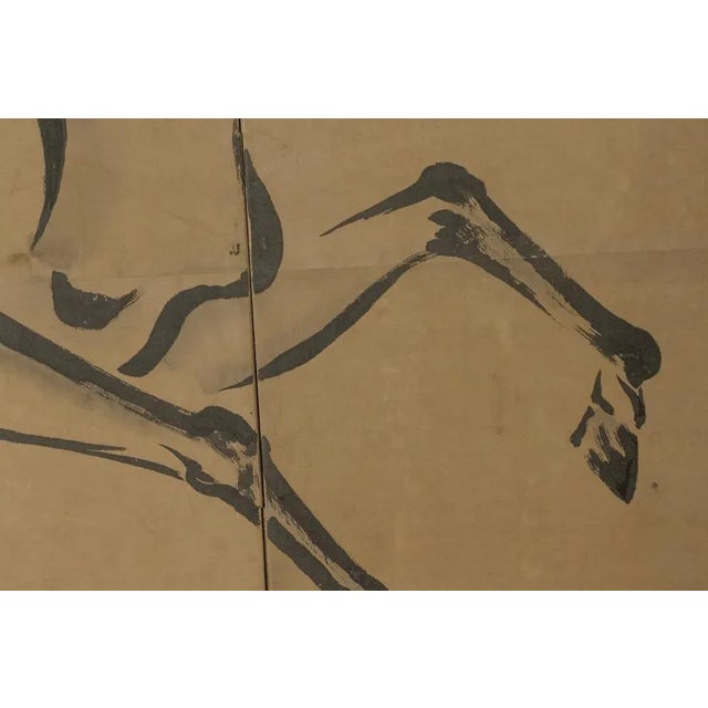 Japanese Pair of Folding Screens Byobu Antique Paper Black Calligraphy Large Horses Animals Screen Signed Tsunenobuo For Sale - Image 11 of 13