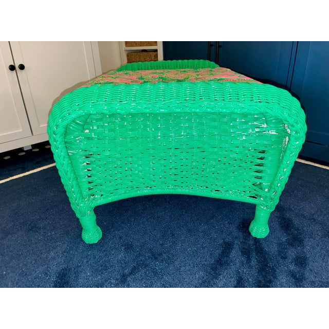 Vintage Henry Link Style Palm Beach Green Wicker Bench With Lilly Pulitzer Cushion For Sale - Image 4 of 7