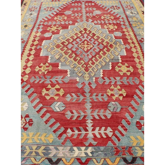 Vintage Turkish Kilim Flat-Weave Rug With Geometric Design in Red, Yellow, Green For Sale In Atlanta - Image 6 of 12