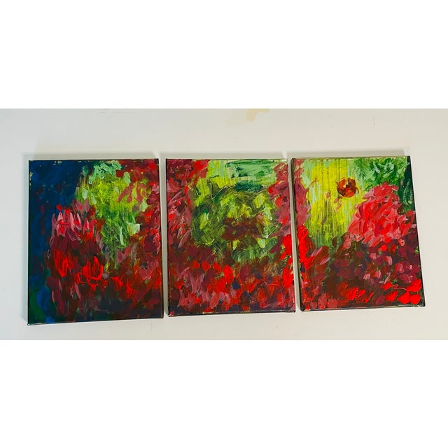 Abstract expressionist triptych of mixed media paintings on canvas, signed by artist.