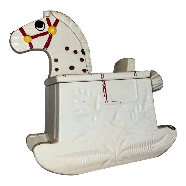 Metlox Vintage White Hand Painted Rocking Horse Cookie Jar W/Red Harness For Sale