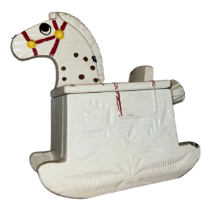 Metlox Vintage White Hand Painted Rocking Horse Cookie Jar W/Red Harness