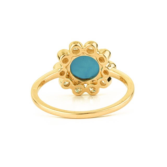 1.25ct Turquoise & Diamond Floral Vintage Cocktail Ring Size 8 in 14k Yellow Gold For Sale - Image 10 of 15