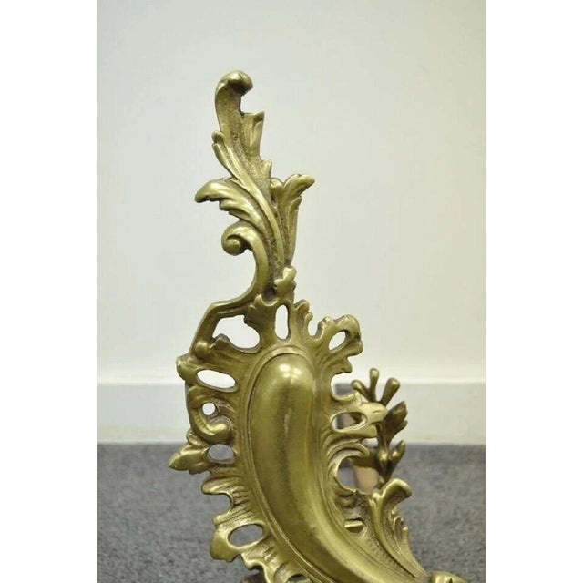 Antique French Louis XV Rococo Style Bronze Brass Acanthus Andirons - A Pair For Sale - Image 4 of 11