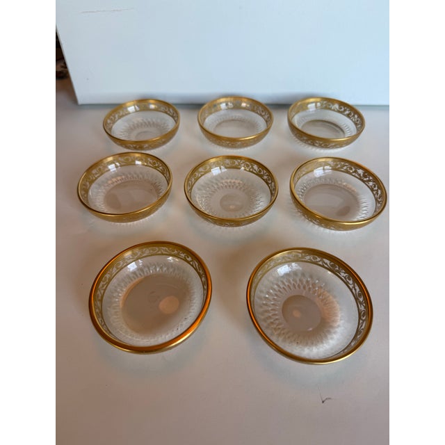 An exquisite set of eight French Saint-Louis crystal bowls in the celebrated Thistle Gold (Chardon) pattern. Each bowl is...