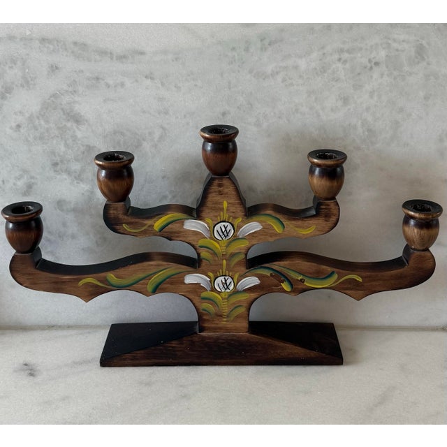 Mid-Century Modern Vintage Swedish Wood Hand Painted 5 Arm Candelabra For Sale - Image 3 of 11