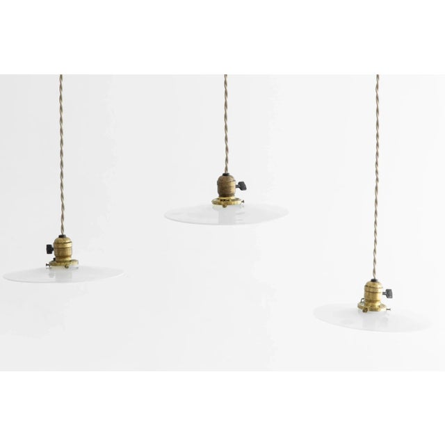 1960s Vintage Milk Glass Convex Pendants, Khaki Cotton Cord, Pair For Sale - Image 5 of 6