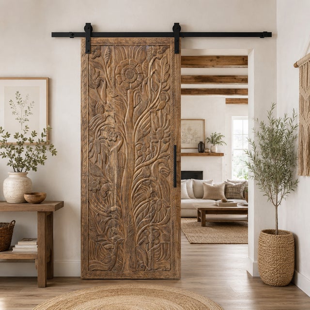 Brown Hand-Carved Sunflower & Botanical Wood Door Panel | Rustic Farmhouse Barn Door Decor 84x36 For Sale - Image 8 of 8