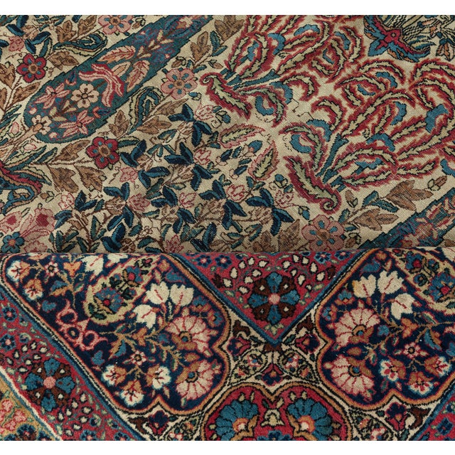 Blue Early 20th Century Persian Kirman Wool Rug in Blue, Brown, Green, Pink and Red For Sale - Image 8 of 8