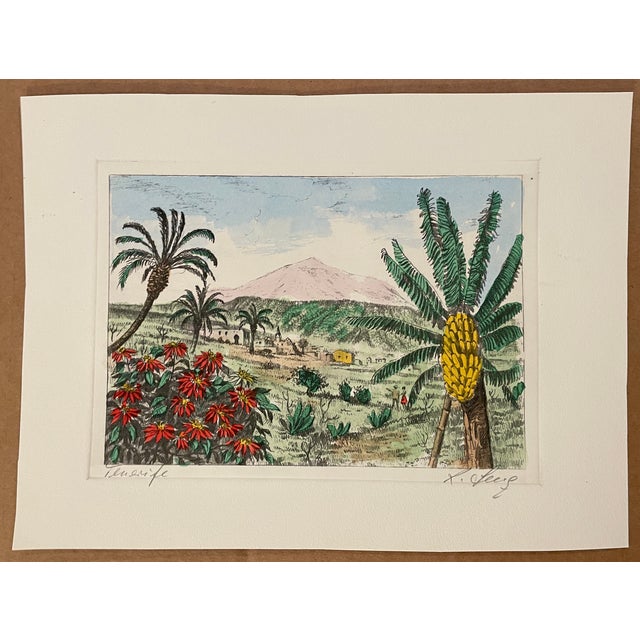 Etching with hand coloring of Tenerife, the Spanish Island off the coast of Africa. Pencil titled and signed illegibly....