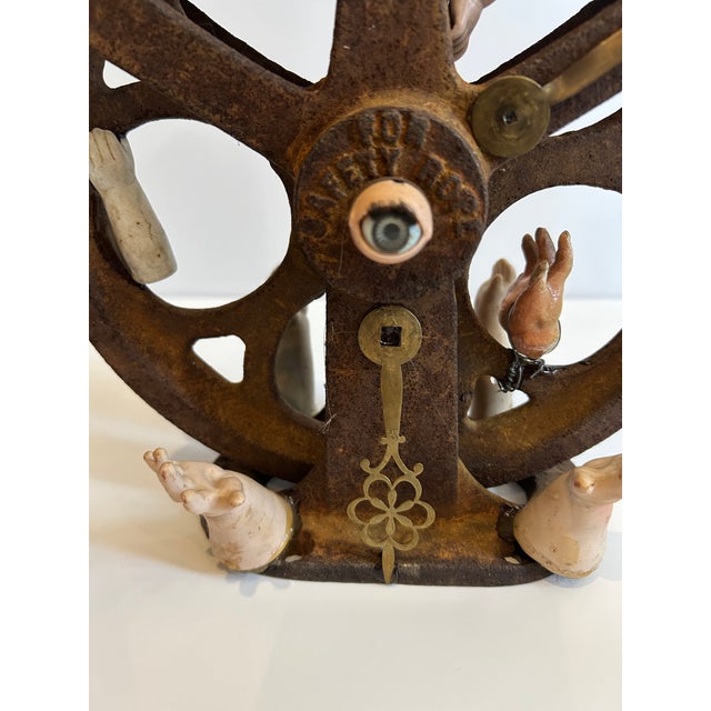 Modern Mixed Media Tabletop Sculpture With Iron Pulley and Doll Parts For Sale - Image 3 of 9
