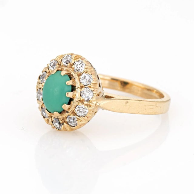 Antique Victorian Turquoise Diamond Ring Vintage 14 Karat Gold Mine Cut Halo size 6 For Sale - Image 4 of 7