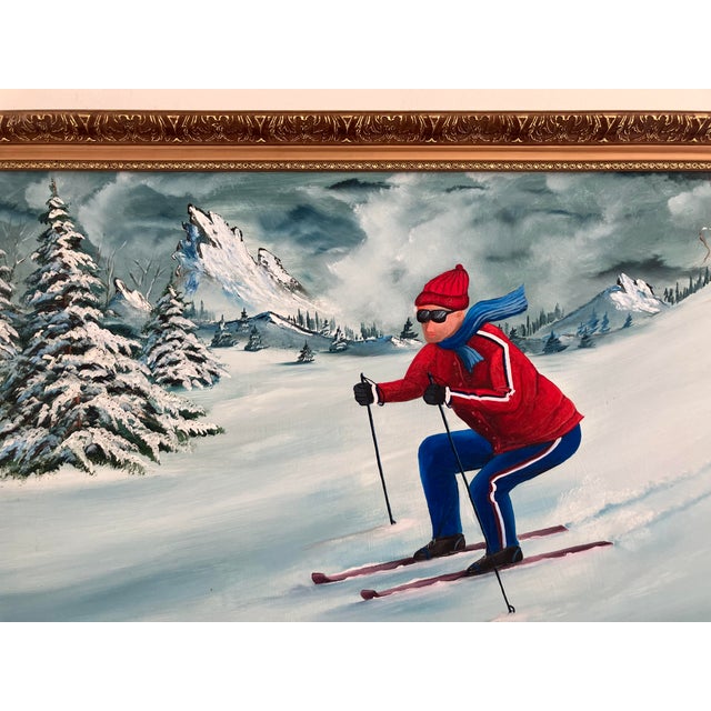 Textile Large Vintage Ski Scene Oil Painting by Phil Julian For Sale - Image 7 of 7