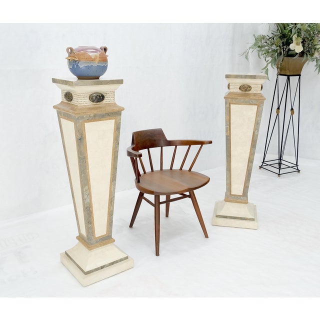 Mid-Century Modern Pair of Tessellated Marble Tapered Square Obelisk Shape Pedestals Stands MINT! For Sale - Image 3 of 12