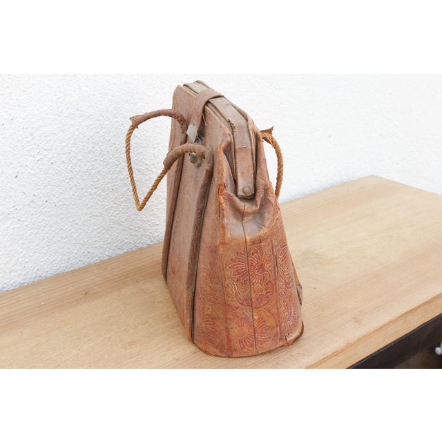 Indian Vintage Indian Tooled Leather Satchel For Sale - Image 3 of 8