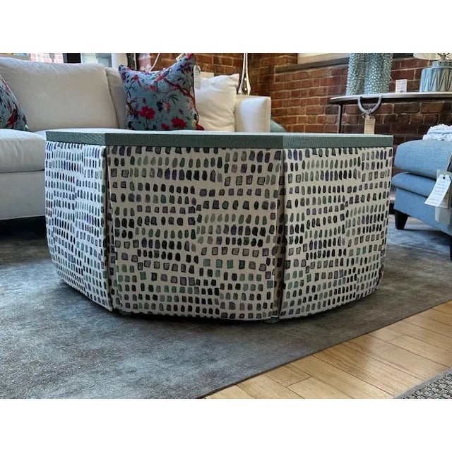 The Chaddock Flora Skirted Cocktail is unique and practical. The raffia top is painted in Benjamin Moore's Sioux Falls....