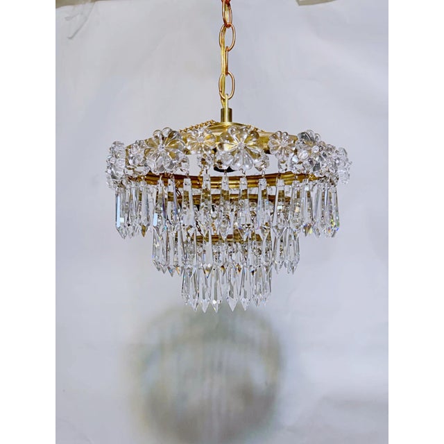 Vintage Brass and Glass Rosette Rim and Crystal Prism Chandelier For Sale - Image 12 of 12