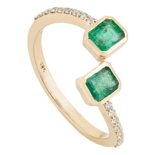 14k Gold Open Bypass Octagon Cut Emerald & Diamond Toi Et Moi Ring Size 6.5 For Sale