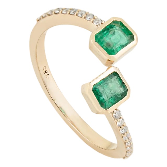 14k Gold Open Bypass Octagon Cut Emerald & Diamond Toi Et Moi Ring Size 6.5 For Sale