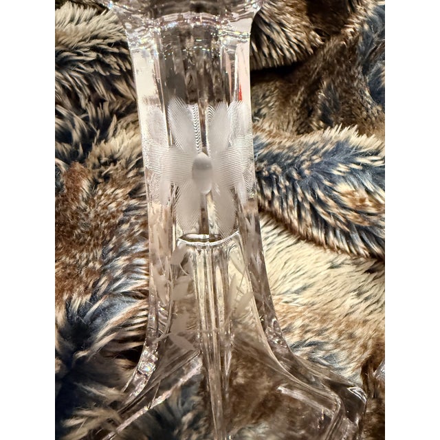 Vintage Clear Candlesticks With Etched Flowers - A Pair For Sale - Image 4 of 11