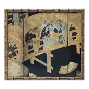 20th Century Poster of the Edo Era Japanese Byobu Screen (Fragment) in Bamboo Style Wood Frame