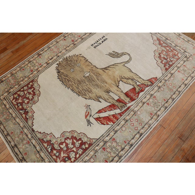 Lion Motif Vintage Turkish White Ground Dowry Rug, 20th Century For Sale - Image 12 of 18