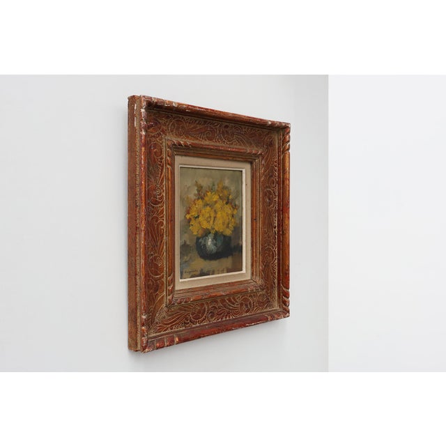 Still Life with Yellow Flowers in a Vase, Ca. 1930-1950, 1920s, Oil on Canvas & Wood For Sale - Image 9 of 11