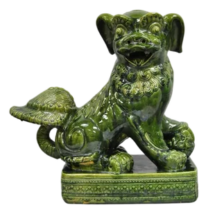 Vintage Chinoiserie Green Majolica Glazed Ceramic Foo Dog Statue