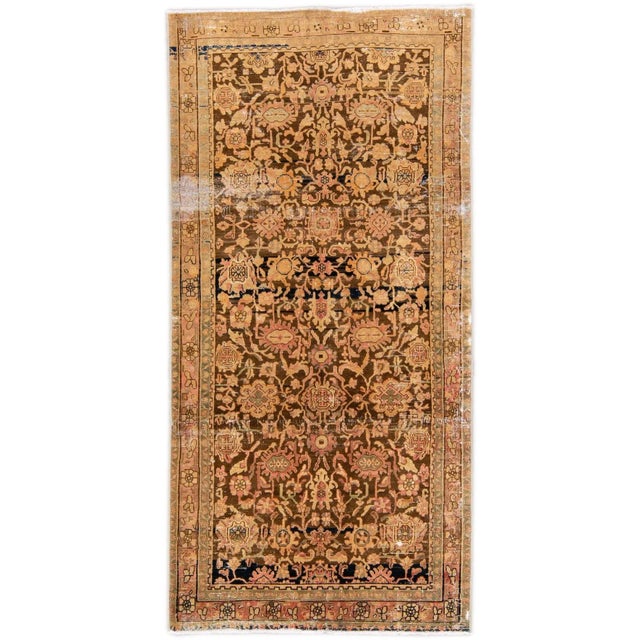 1960s Vintage Distressed Handmade Floral Brown Wool Runner For Sale - Image 9 of 9