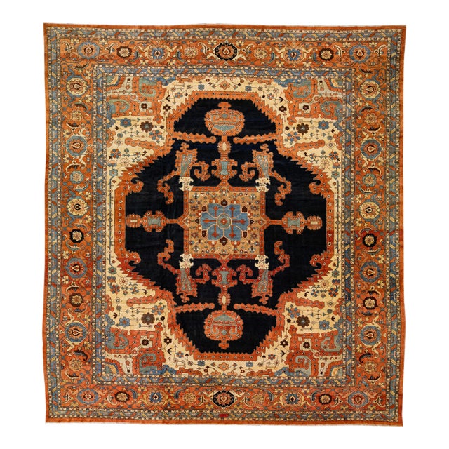 1920s Orange Antique Persian Serapi Handmade Wool Rug With Medallion Motif For Sale